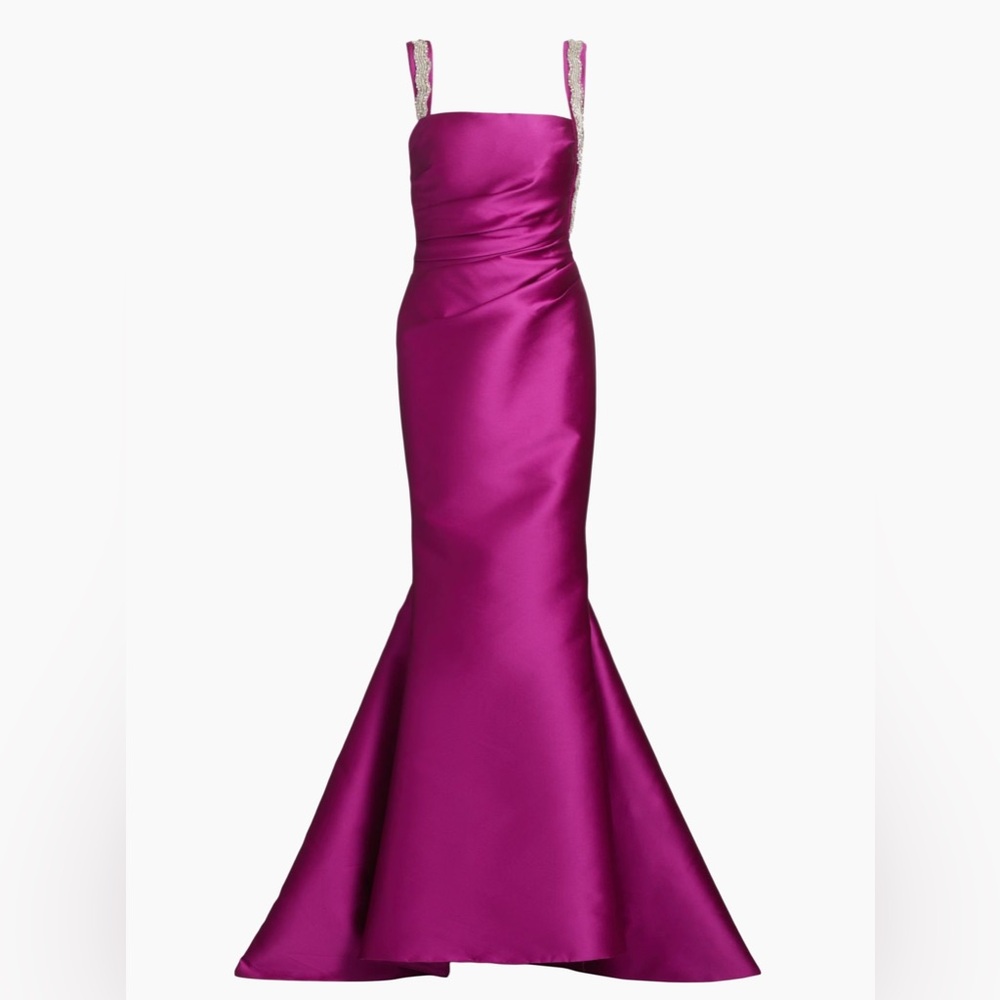REEM ACRA Satin Embellished Strap Trumpet Gown Maxi Crystal Dress